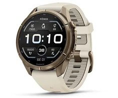 „Garmin fenix 9 Pro“ išmanusis laikrodis, 43 mm, titano, rudens aukso spalvos su kreminės spalvos / prancūziško pilko silikono dirželiu