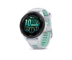 Išmanusis laikrodis Garmin Forerunner 265S. Juodas apvadas su baltojo akmens spalvos korpusu ir baltojo akmens bei žalsvos spalvos silikoniniu dirželiu
