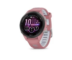 Išmanusis laikrodis Garmin Forerunner 265S. Juodas apvadas su šviesiai rausvu korpusu ir šviesiai rausvos ir pilkšvos spalvos silikoniniu dirželiu