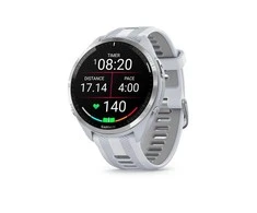 Išmanusis laikrodis Garmin Forerunner 965, Titano apvadas su „Whitestone“ (baltojo akmens) spalvos korpusu ir „Whitestone“ (baltojo akmens) ir „Powder Grey“ (pilkšvos) spalvos silikoniniu dirželiu