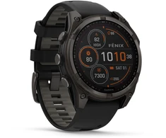 Išmanusis laikrodis Garmin Fenix 8 51 mm, Solar, Sapphire, Pilkos anglies spalvos DLC titanas su juodos / pilkos akmenukų spalvos silikoniniu dirželiu