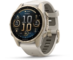 Išmanusis laikrodis Garmin Fenix 8 – 43 mm, AMOLED Sapphire, Šviesaus aukso ir rūko pilkos / tamsios smiltainio spalvos silikoninis dirželis