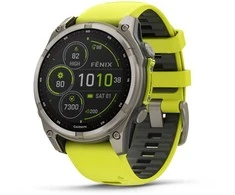 Išmanusis laikrodis Garmin Fenix 8 47mm, Solar, Sapphire, Titanas su ryškiai geltonu / grafito spalvos silikoniniu dirželiu