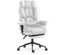 Hells Chair Biuro kėdė su kojų atrama ir reguliuojamais porankiais, dirbtinė oda, balta