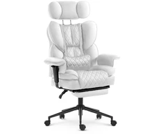 Hells Chair Biuro kėdė su kojų atrama ir reguliuojamais porankiais, dirbtinė oda, balta