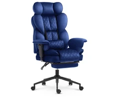 Hells Chair Biuro kėdė su kojų atrama ir reguliuojamais porankiais, veliūrinis audinys, tamsiai mėlyna
