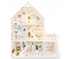 Kinderplay Lėlių namelis su baldais, LED šviestuvais, terasa ir palėpe, lėlėms iki 30 cm, 99 x 30 x 118 cm, baltas