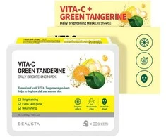 BEAUSTA Cicarecipe Žalias Tangerine Daily Vita Mask - lakštinės kaukės su žaliųjų mandarinų ekstraktu, 30 vnt.
