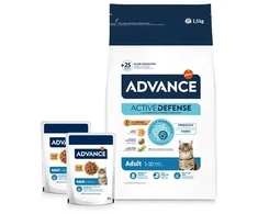 ADVANCE Adult su vištiena katėms 1,5kg + 2 pakeliai šlapio maisto komplekte