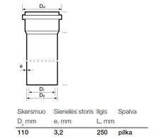 Vidaus kanalizacijos PVC vamzdis Wavin, Ø 110 mm, 0,25 m