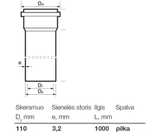 Vidaus kanalizacijos PVC vamzdis Wavin, Ø 110 mm, 1 m
