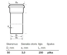 Vamzdis vidaus drenažui Wavin, Optima, PVC, 50 mm, 0,25 m