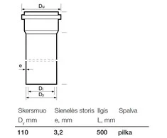 Vidaus kanalizacijos PVC vamzdis Wavin, Ø 110 mm, 0,5 m