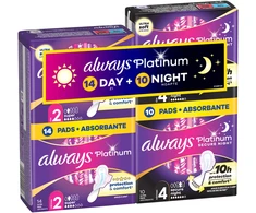 Always Platinum Higieniniai Paketai su Sparneliais Day (Size 2, 14 vnt.) and Night (Size 4, 10 vnt.)