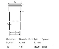 Vidaus kanalizacijos PP vamzdis Wavin, Ø 40 mm, 2 m