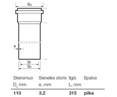 Vidaus kanalizacijos PVC vamzdis Wavin, Ø 110 mm, 0,315 m