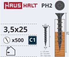 Varžtas medienai, GK plokštėms Haushalt PH2, 3,5 x 25 mm, pilkos spalvos, 500 vnt.