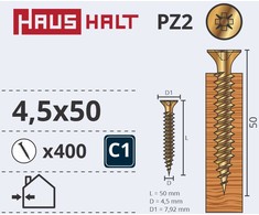 Medvaržtis, universalus Haushalt PZ2, 4.5 x 50 mm, geltonas, 400 vnt.