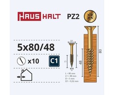 Grąžtas Haushalt Fischer CHIPBOARD SCREW 5.0X80/48 YLW ZP10PCS G2