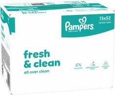 Pampers Fresh Clean Plastic Free Servetėlės Kūdikiams, 15 Pakuotė, 780 Servetėlės