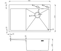 Plautuvė NT AB 780x510x200mm su paviršiumi, dešininė, grafito, su sifonu