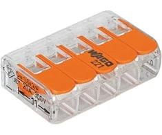 Maitinimo gnybtai Wago, 4 mm², 5 padėtys, 32 A, oranžinės spalvos.