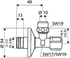 Ventilis Schell, stūra, ūdensvadam, 1/2 collas – ārējā vītne, 10 mm – savelkama