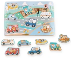 Adam Toys Medinė garsinė transporto priemonių dėlionė su rankenomis, vaikams nuo 2 metų