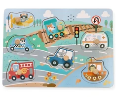 Adam Toys Medinė garsinė transporto priemonių dėlionė su rankenomis, vaikams nuo 2 metų