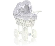 My Sweet Baby Lėlės pintas vežimėlis su pilka patalyne – baltas