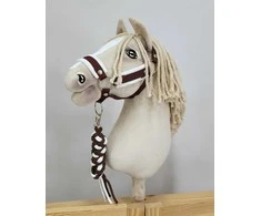 Super Hobby Horse Hobio žirgo kantaras A3 su baltais pūkais ir balta-ruda pavadėliu