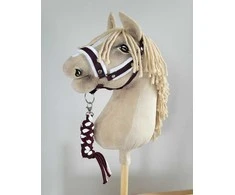Super Hobby Horse Hobio žirgo kantaras A3 su baltais pūkais ir pavadžiu (balta-vyšninė)