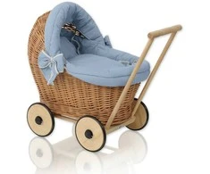 Ranku Darbo Es Lėlių vežimėlis pintas su patalyne pilkai mėlynas Stella