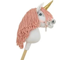 Super Hobby Horse Vienaragis ant lazdos Hobby Horse su rožine karčiene ir auksiniu ragu