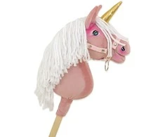Super Hobby Horse Vienaragis Hobby Horse lazdoje pastelinės rožinės spalvos su balta karčiais A4