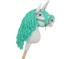 Super Hobby Horse Hobby Horse vienaragis su lazda balta spalva su mėtų karčiais ir sidabriniu ragu