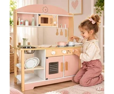 Ikonka Medinė vaikų virtuvėlė MDF MODERN CLASSIC su priedais, 82 cm, rožinė