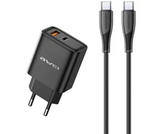 Įkroviklis Awei PD81C-EU 22.5W USB-A/USB-C + USB-C to USB-C cable 1.0m juodas