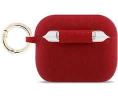 „Guess“ silikoninis blizgučių žiedinis dėklas, skirtas „AirPods Pro 3“ ausinėms – Raudona ir blizgučiai