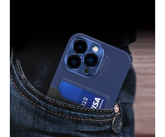 Hurtel Dėklas iPhone 14 Pro su kortelės kišene ir stovu – mėlynas