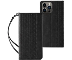 Hurtel Magnet Strap dėklas telefonui Apple iPhone 14 Pro Max Flip Wallet Mini Lanyard Stand juodos spalvos