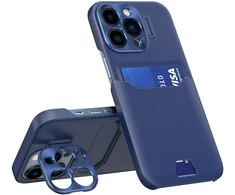 Hurtel Odinės tekstūros dėklas iPhone 14 Pro Max su stovu ir kortelės kišene – mėlynas