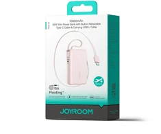 Joyroom JR-PR2L 10000mAh 35W išorinė baterija su integruotu ištraukiamu USB-C laidu ir „Lightning“ laidu ant virvelės - Rožinė