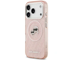 Karl Lagerfeld IML Glitter Karl &amp; Choupette Heads Logo MagSafe dėklas Apple iPhone 17 Pro rožinės spalvos