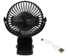 44-506# Stalinis ventiliatorius su spaustuku, 10 cm, USB + baterija, juodas