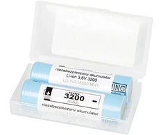 85-599# 18650 ličio jonų akumuliatorius LG 3200mah 10a 3.6v + dėžutė 2 vnt.