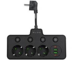 Blow PS-310 skirstytuvas, 3 lizdai + 2xUSB + 2xUSB-C, 0.1 m, juodas, 3x1 mm prailginimo laidas