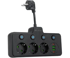 Blow PS-310 skirstytuvas, 3 lizdai + 2xUSB + 2xUSB-C, 0.1 m, juodas, 3x1 mm prailginimo laidas