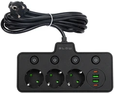 Blow PS-310 skirstytuvas, 3 lizdai + 2xUSB + 2xUSB-C, 3 m juodas, 3x1 mm prailginimo laidas