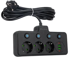 Blow PS-310 skirstytuvas, 3 lizdai + 2xUSB + 2xUSB-C, 3 m juodas, 3x1 mm prailginimo laidas